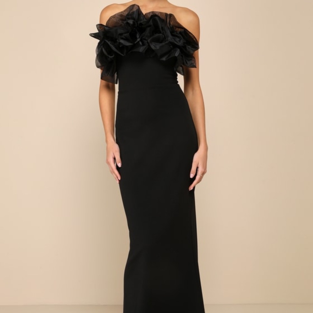 Lulus Evening Excellence Black Ruffled Strapless Mermaid Maxi Dress - Size S